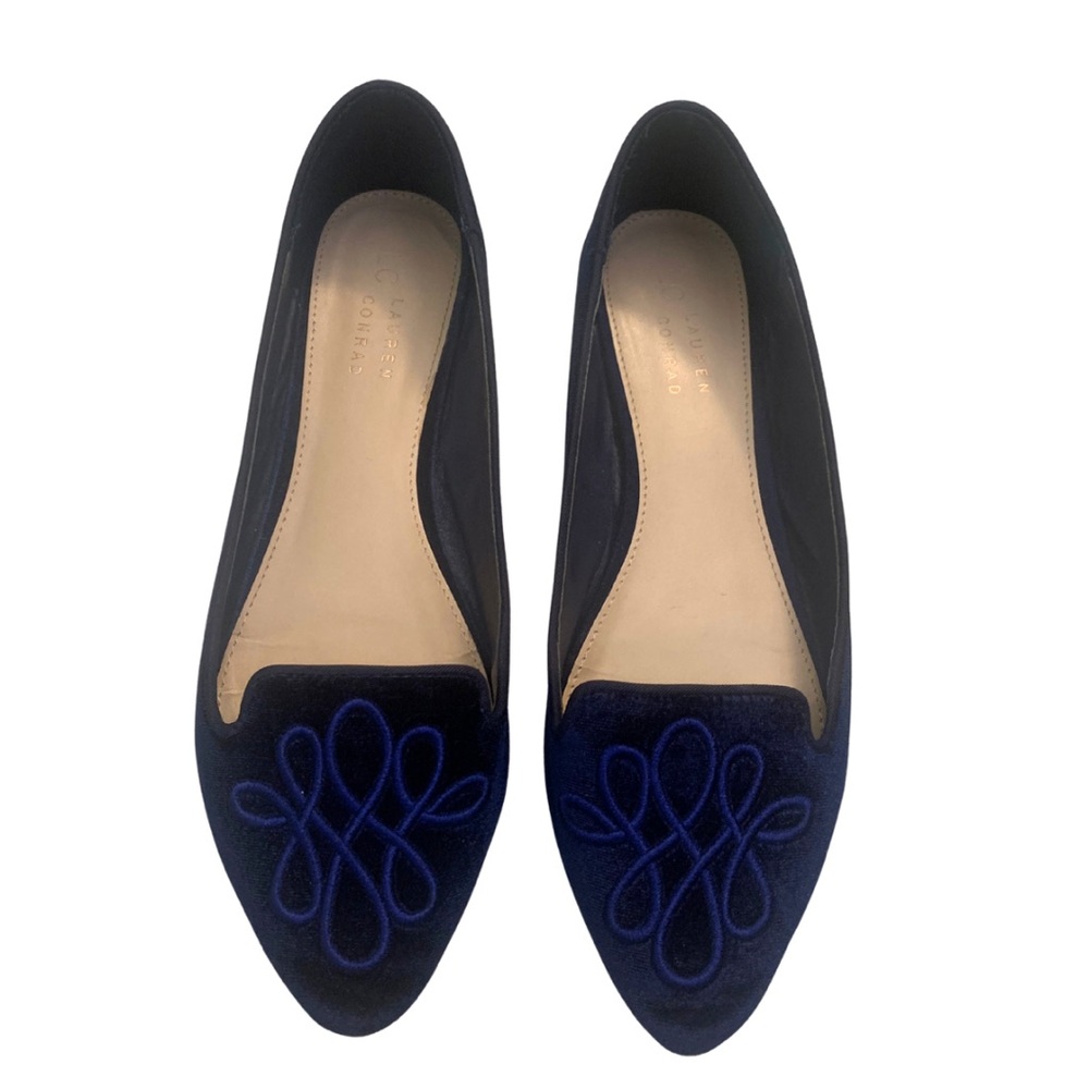 2/$30 Lauren Conrad Dark Blue Velvet Pointed Ballet Flats 8.5 Loafer Preppy Luxe - Picture 8 of 9